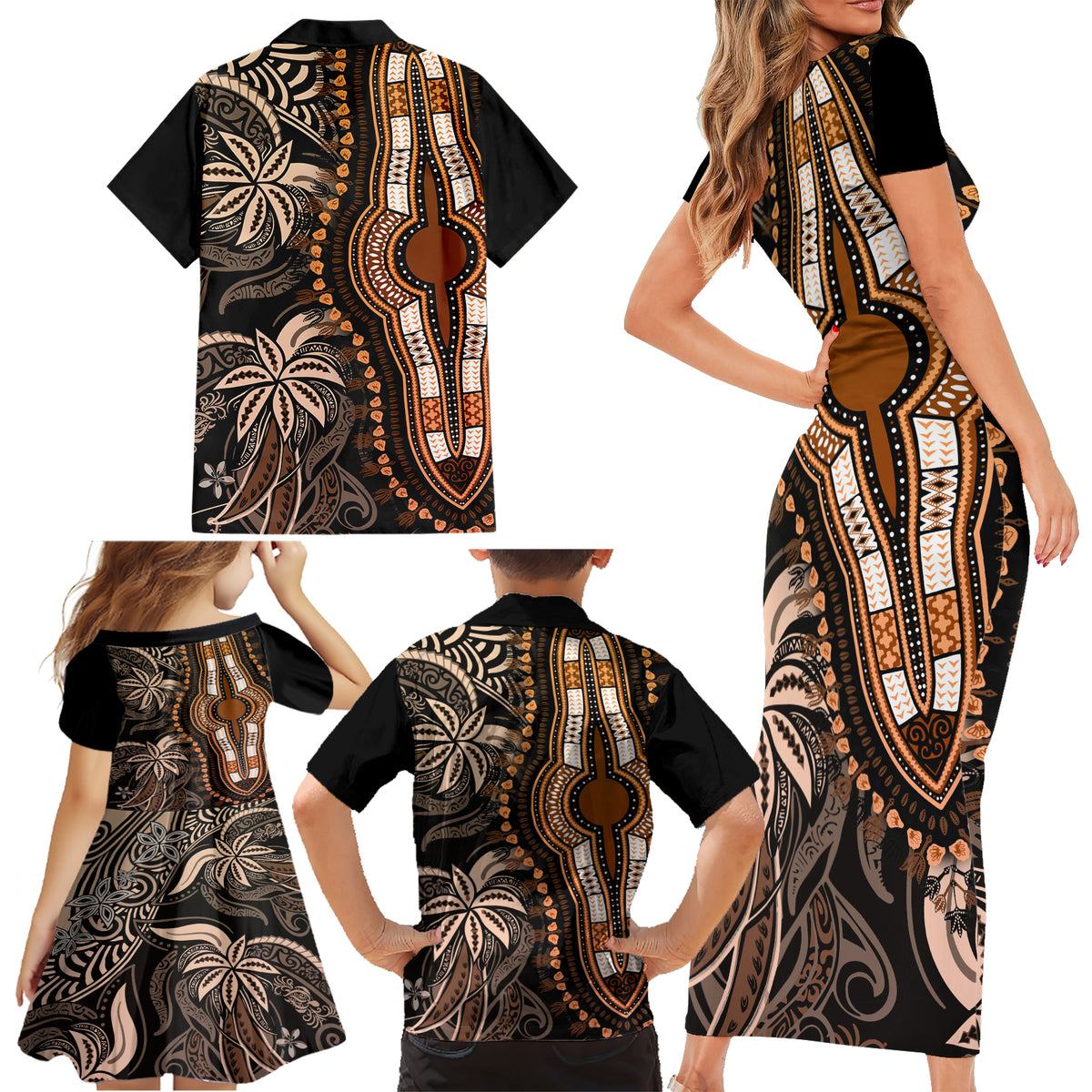 Polynesia Dashiki Family Matching Short Sleeve Bodycon Dress and Hawaiian Shirt Polynesia and Africa Traditional Special Together Gold LT9 - Polynesian Pride