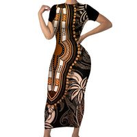 Polynesia Dashiki Family Matching Short Sleeve Bodycon Dress and Hawaiian Shirt Polynesia and Africa Traditional Special Together Gold LT9 Mom's Dress Gold - Polynesian Pride