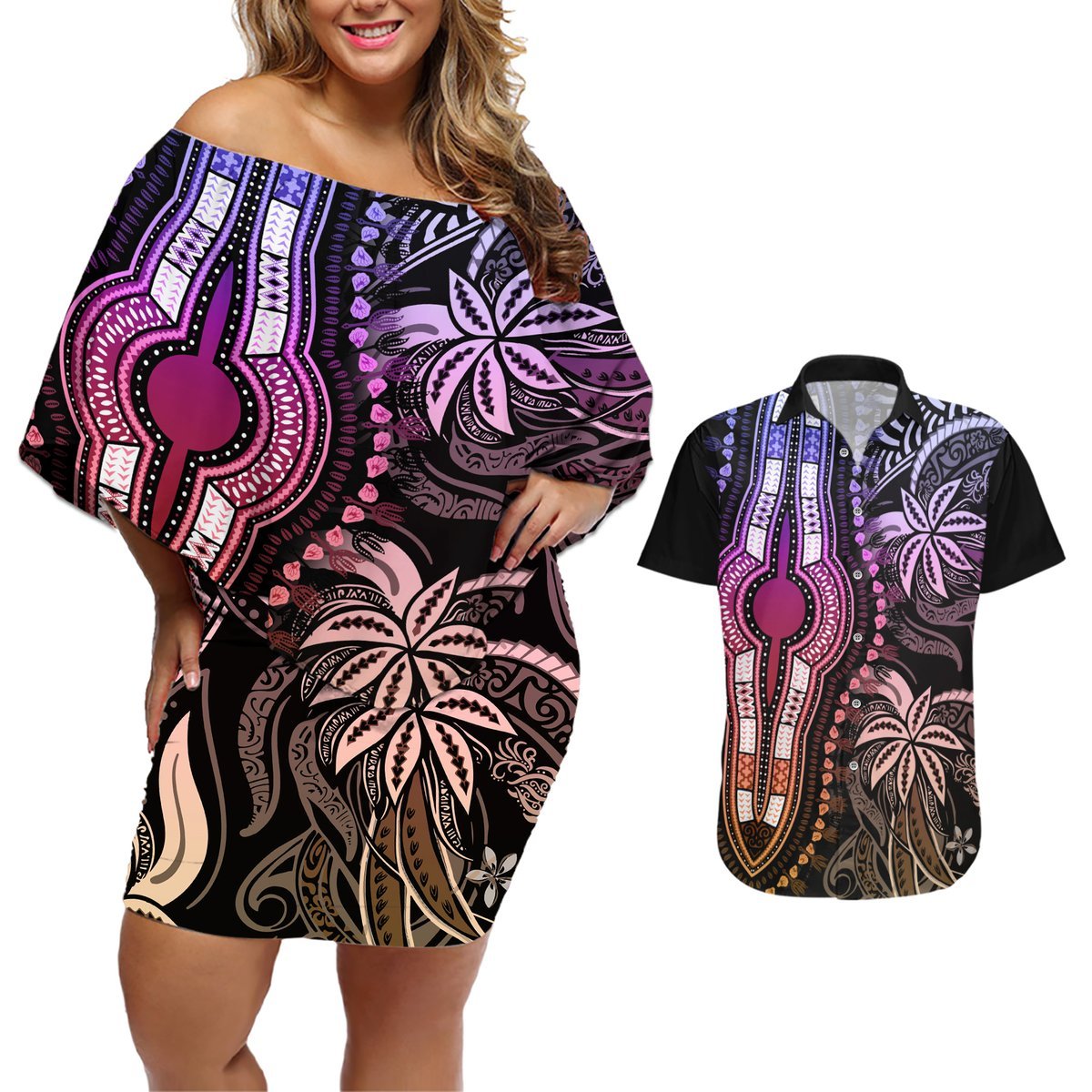 Polynesia Dashiki Couples Matching Off Shoulder Short Dress and Hawaiian Shirt Polynesia and Africa Traditional Special Together Pastel LT9 Pastel - Polynesian Pride