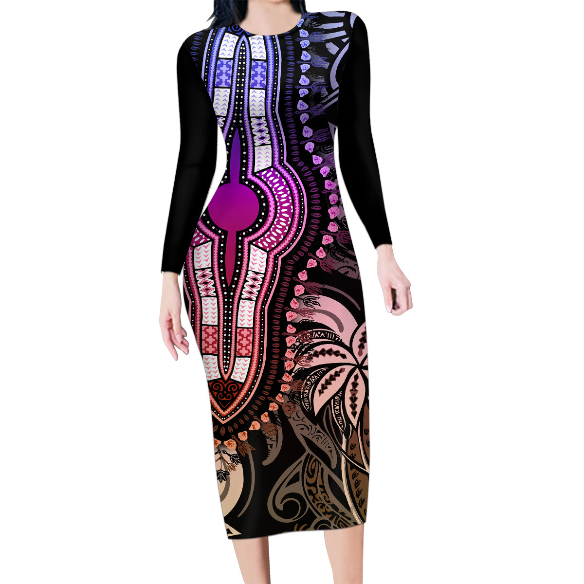 Polynesia Dashiki Family Matching Long Sleeve Bodycon Dress and Hawaiian Shirt Polynesia and Africa Traditional Special Together Pastel LT9 Mom's Dress Pastel - Polynesian Pride