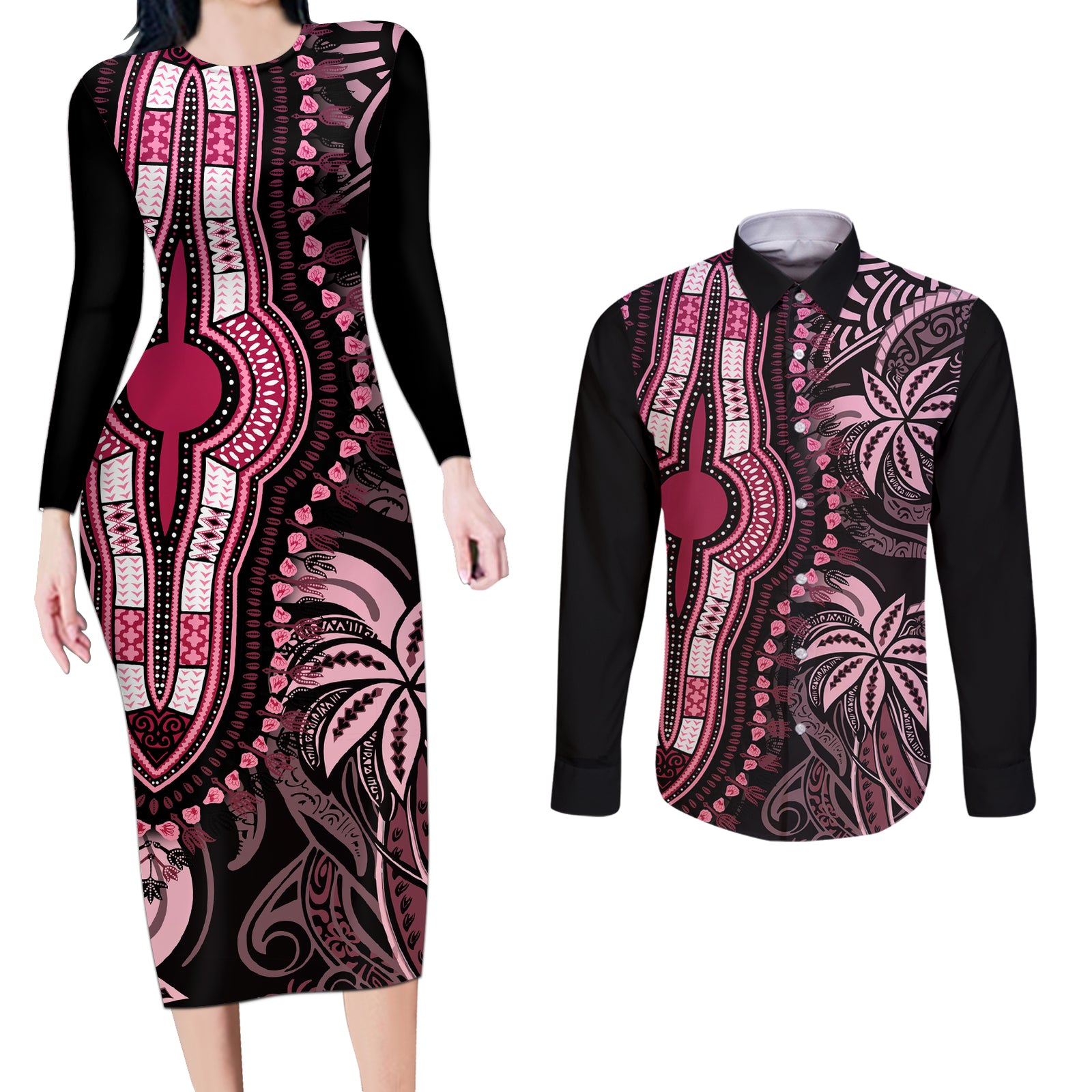 polynesia-dashiki-couples-matching-long-sleeve-bodycon-dress-and-long-sleeve-button-shirts-polynesia-and-africa-traditional-special-together-pink