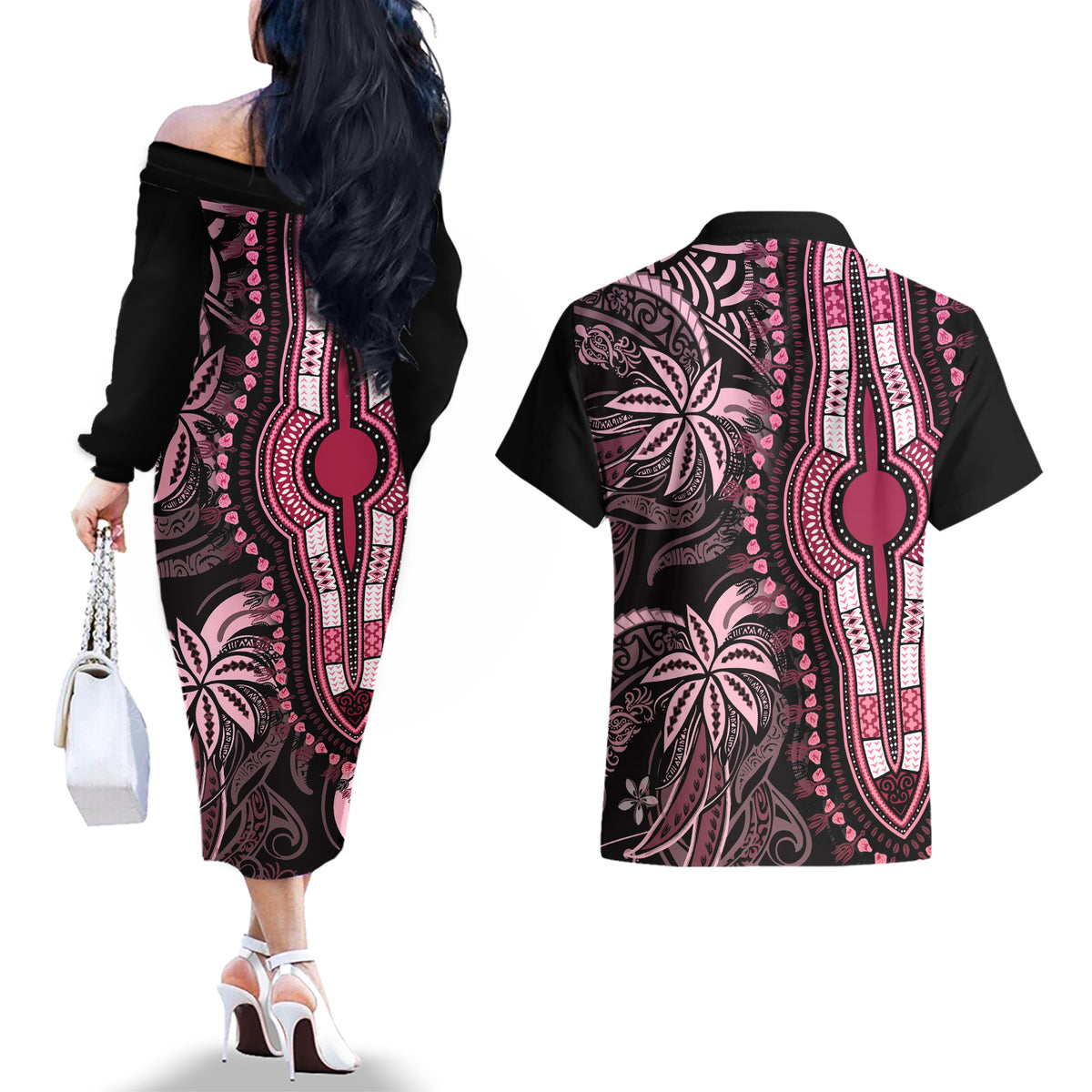 Polynesia Dashiki Couples Matching Off The Shoulder Long Sleeve Dress and Hawaiian Shirt Polynesia and Africa Traditional Special Together Pink LT9 - Polynesian Pride