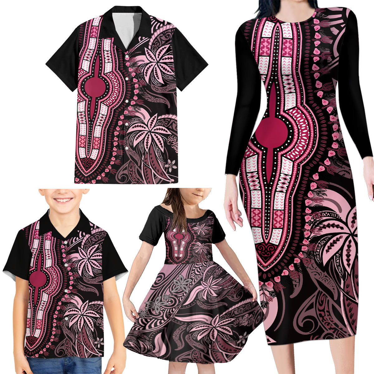 Polynesia Dashiki Family Matching Long Sleeve Bodycon Dress and Hawaiian Shirt Polynesia and Africa Traditional Special Together Pink LT9 - Polynesian Pride