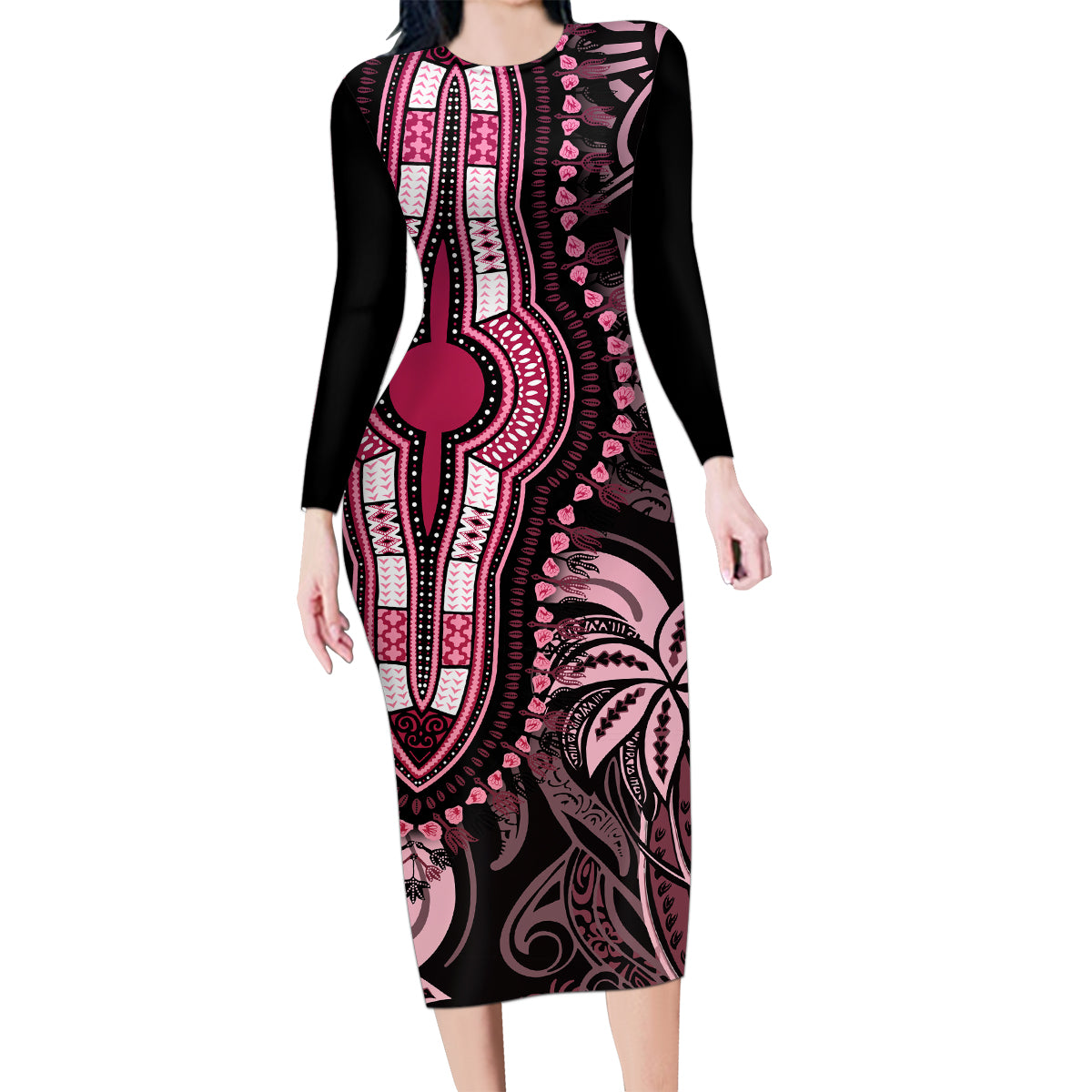 Polynesia Dashiki Family Matching Long Sleeve Bodycon Dress and Hawaiian Shirt Polynesia and Africa Traditional Special Together Pink LT9 Mom's Dress Pink - Polynesian Pride