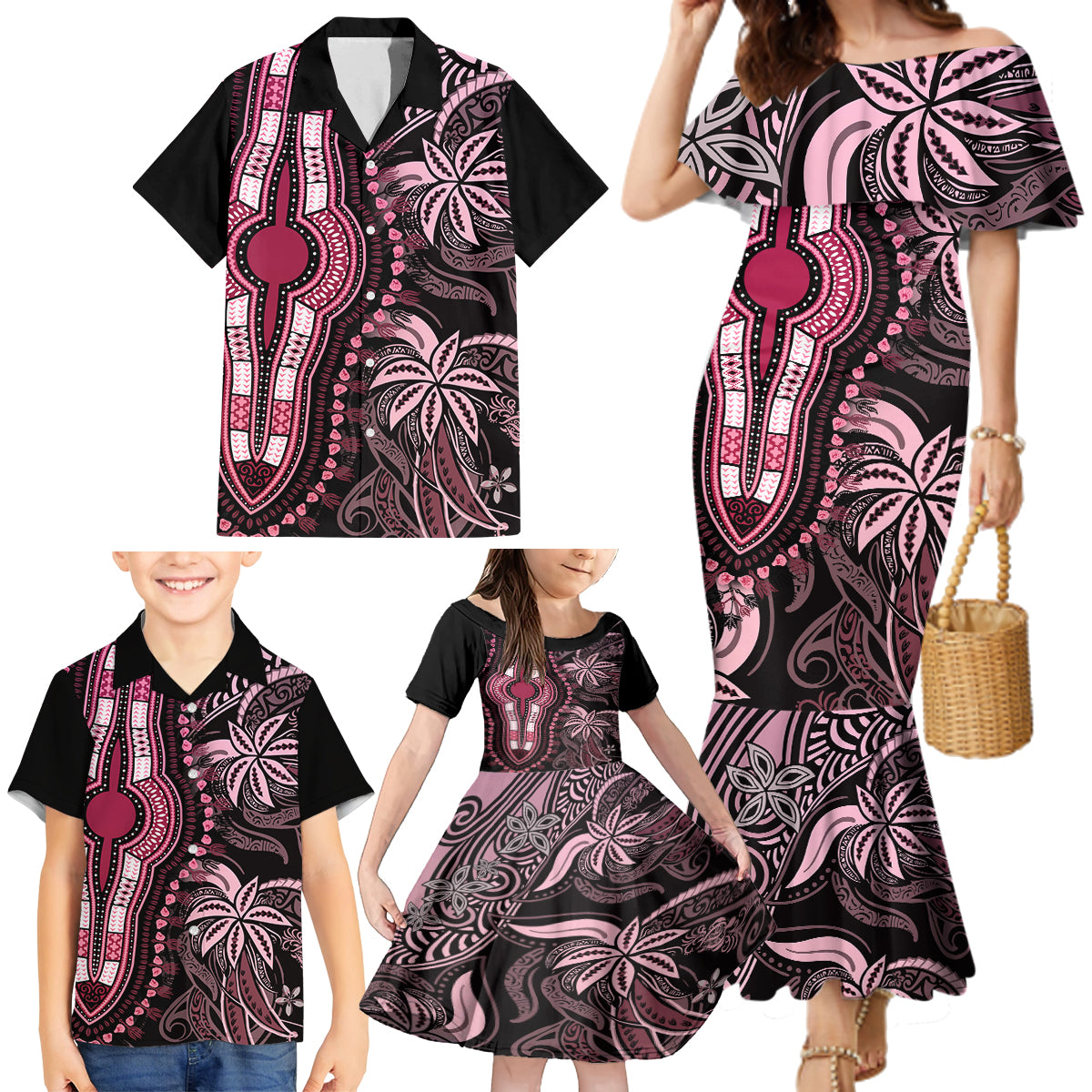 Polynesia Dashiki Family Matching Mermaid Dress and Hawaiian Shirt Polynesia and Africa Traditional Special Together Pink LT9 - Polynesian Pride