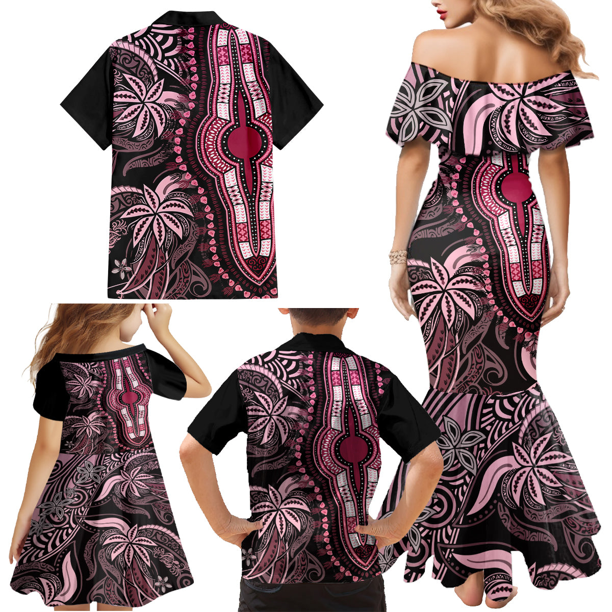Polynesia Dashiki Family Matching Mermaid Dress and Hawaiian Shirt Polynesia and Africa Traditional Special Together Pink LT9 - Polynesian Pride