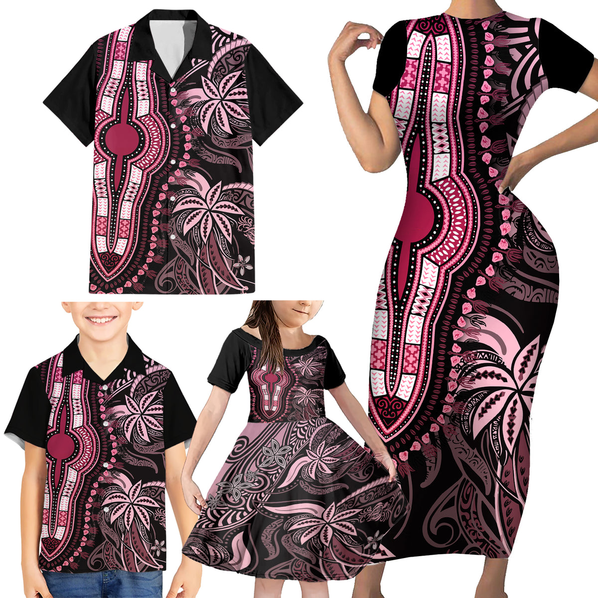 Polynesia Dashiki Family Matching Short Sleeve Bodycon Dress and Hawaiian Shirt Polynesia and Africa Traditional Special Together Pink LT9 - Polynesian Pride