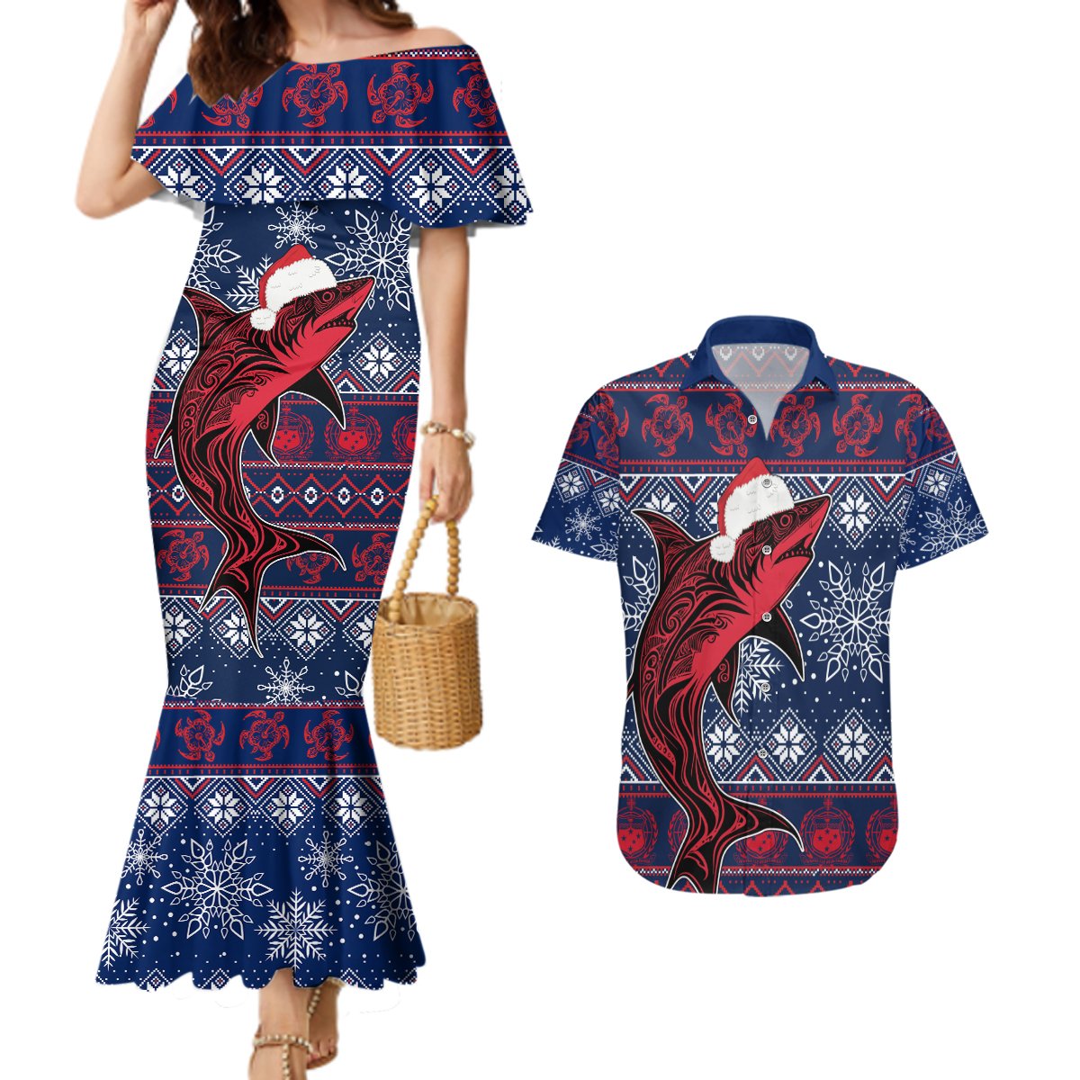 Samoa Manuia Le Kirisimasi Couples Matching Mermaid Dress and Hawaiian Shirt Samoan Fishing Tribal Pattern Christmas Vibe LT9 Red - Polynesian Pride