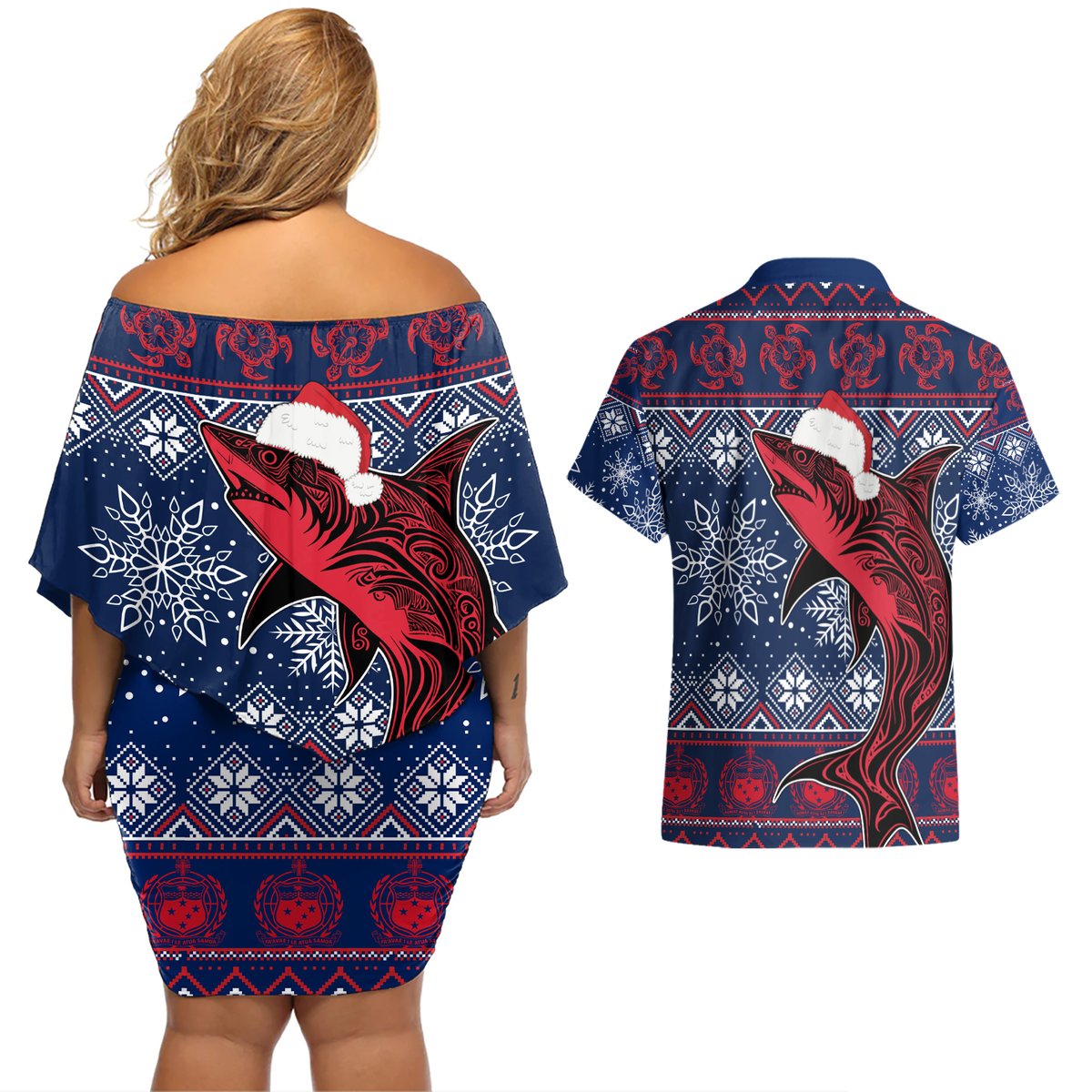 Samoa Manuia Le Kirisimasi Couples Matching Off Shoulder Short Dress and Hawaiian Shirt Samoan Fishing Tribal Pattern Christmas Vibe LT9 - Polynesian Pride
