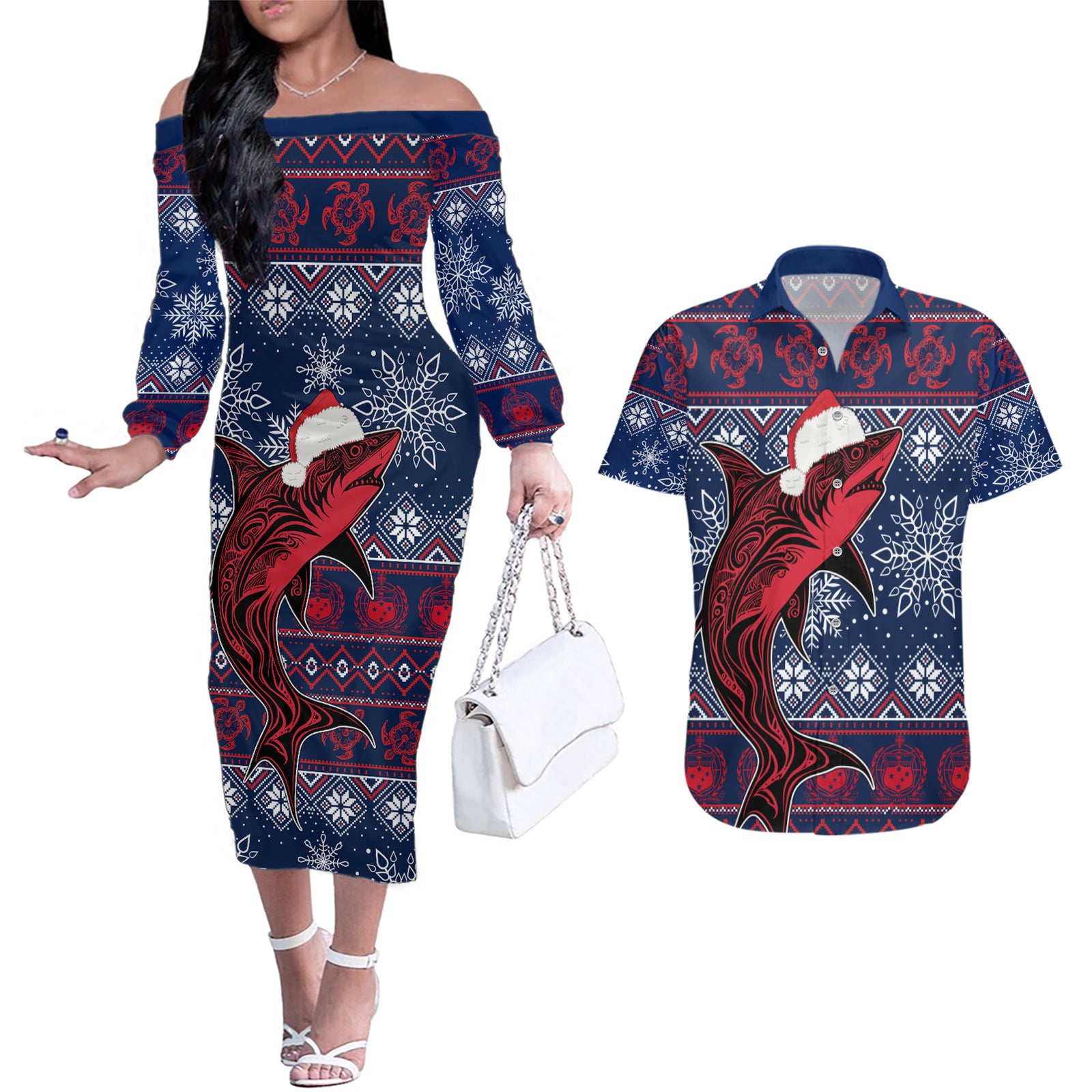 samoa-manuia-le-kirisimasi-couples-matching-off-the-shoulder-long-sleeve-dress-and-hawaiian-shirt-samoan-fishing-tribal-pattern-christmas-vibe
