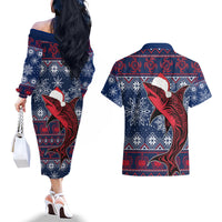 Samoa Manuia Le Kirisimasi Couples Matching Off The Shoulder Long Sleeve Dress and Hawaiian Shirt Samoan Fishing Tribal Pattern Christmas Vibe LT9 - Polynesian Pride