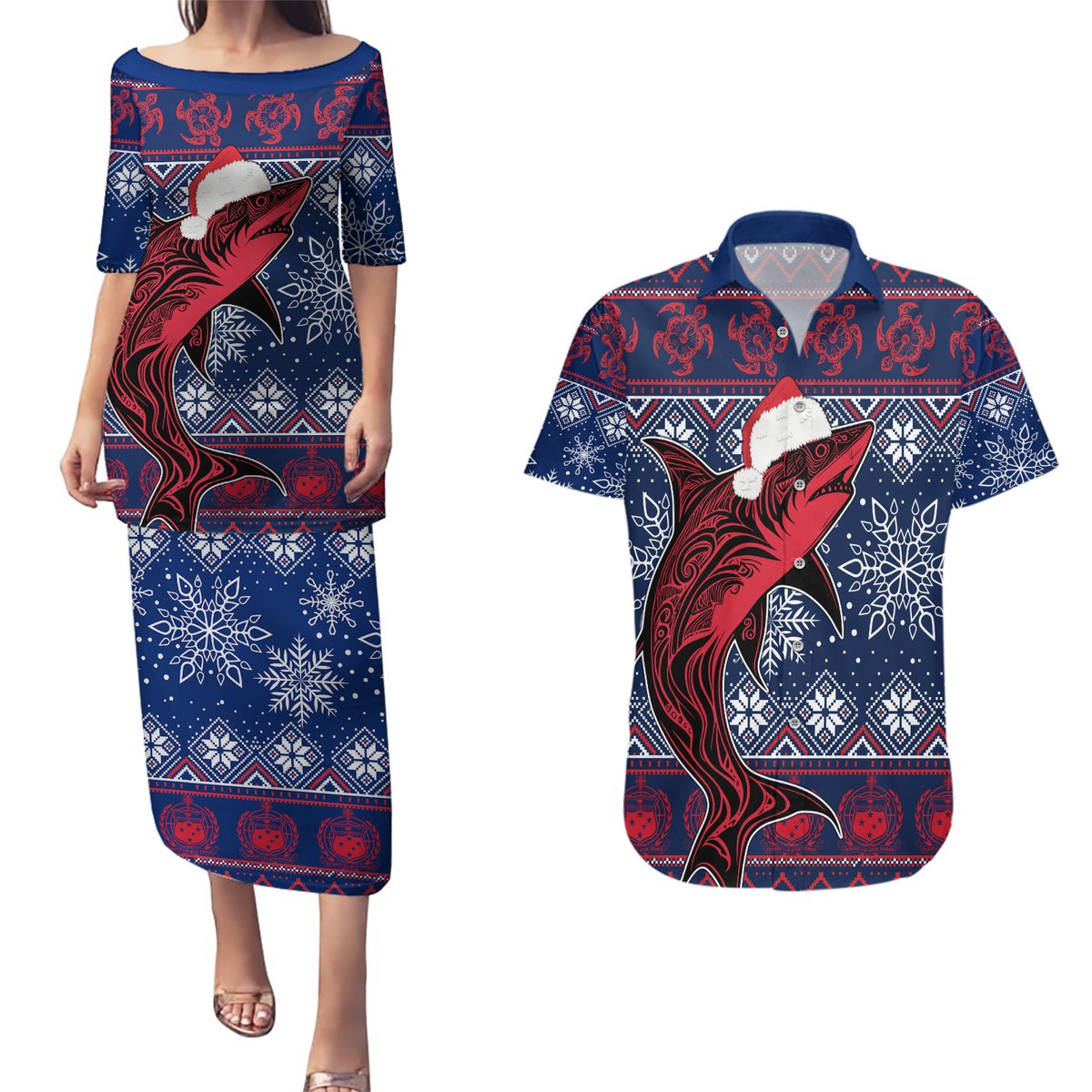 Samoa Manuia Le Kirisimasi Couples Matching Puletasi Dress and Hawaiian Shirt Samoan Fishing Tribal Pattern Christmas Vibe LT9 Red - Polynesian Pride