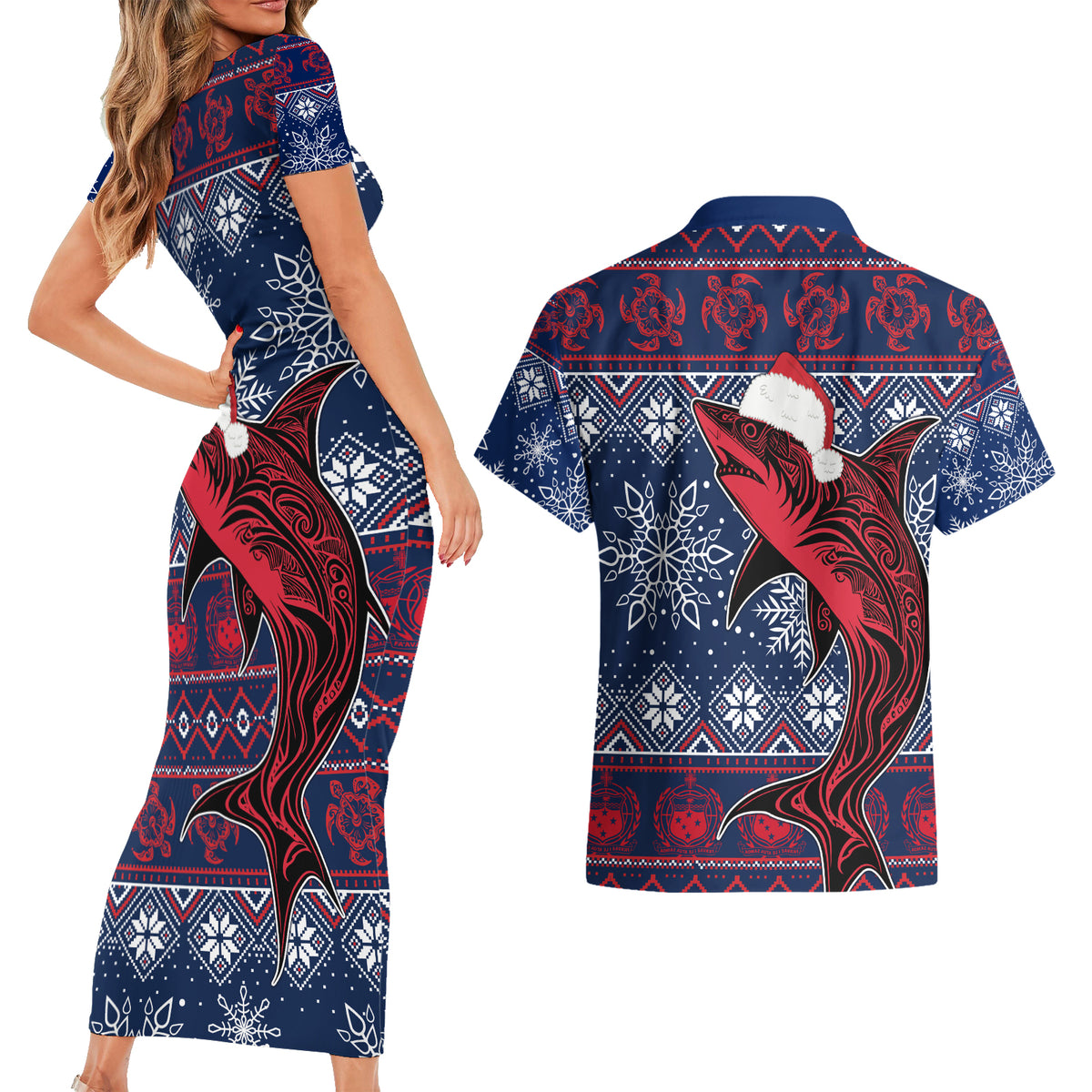 Samoa Manuia Le Kirisimasi Couples Matching Short Sleeve Bodycon Dress and Hawaiian Shirt Samoan Fishing Tribal Pattern Christmas Vibe LT9 - Polynesian Pride
