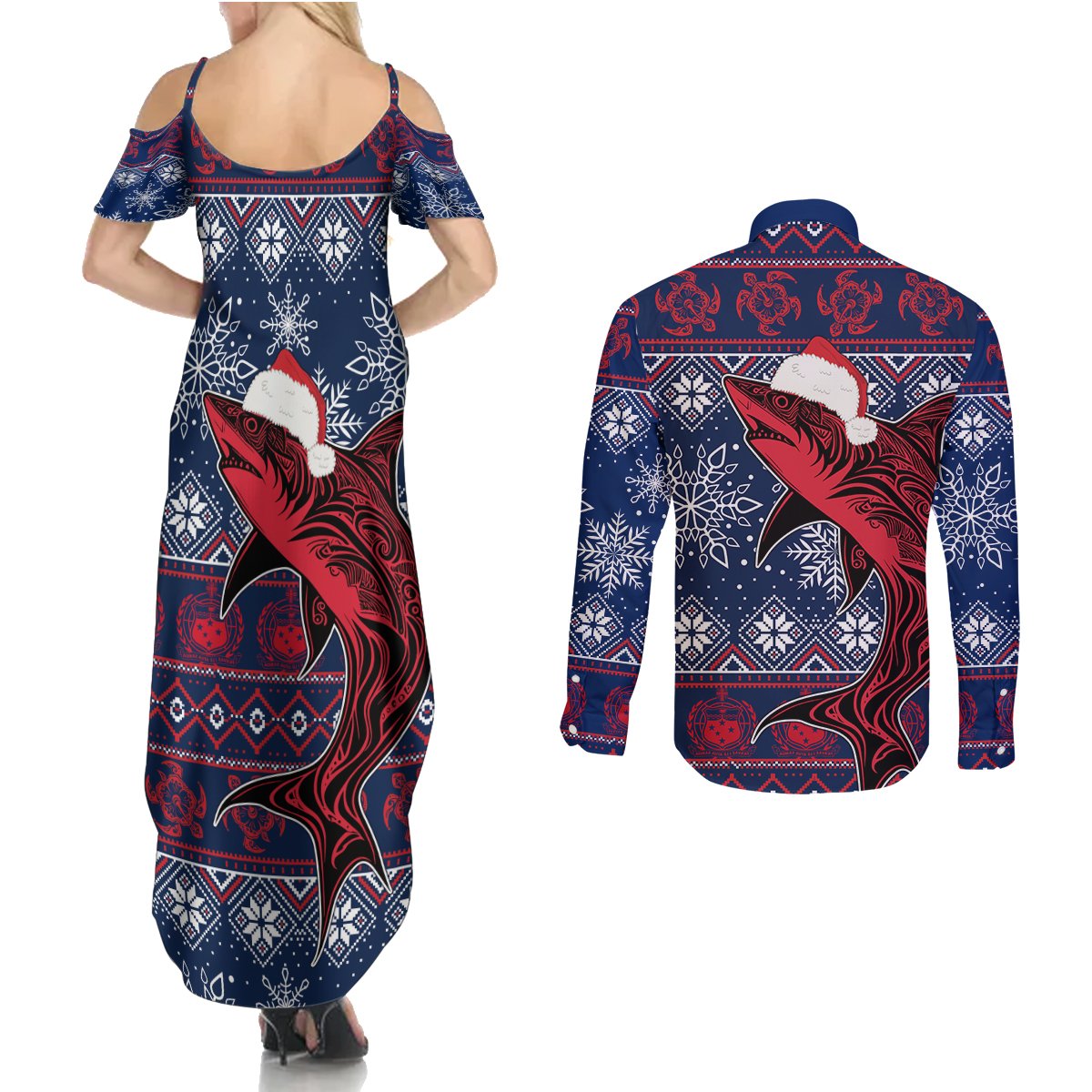 samoa-manuia-le-kirisimasi-couples-matching-summer-maxi-dress-and-long-sleeve-button-shirts-samoan-fishing-tribal-pattern-christmas-vibe