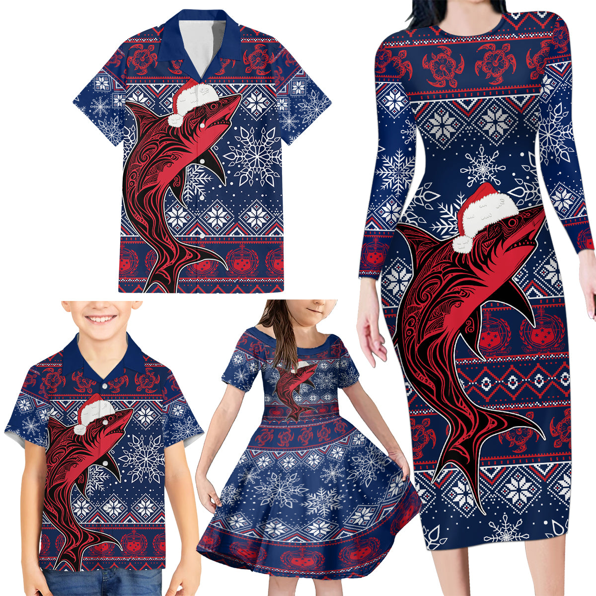 Samoa Manuia Le Kirisimasi Family Matching Long Sleeve Bodycon Dress and Hawaiian Shirt Samoan Fishing Tribal Pattern Christmas Vibe LT9 - Polynesian Pride