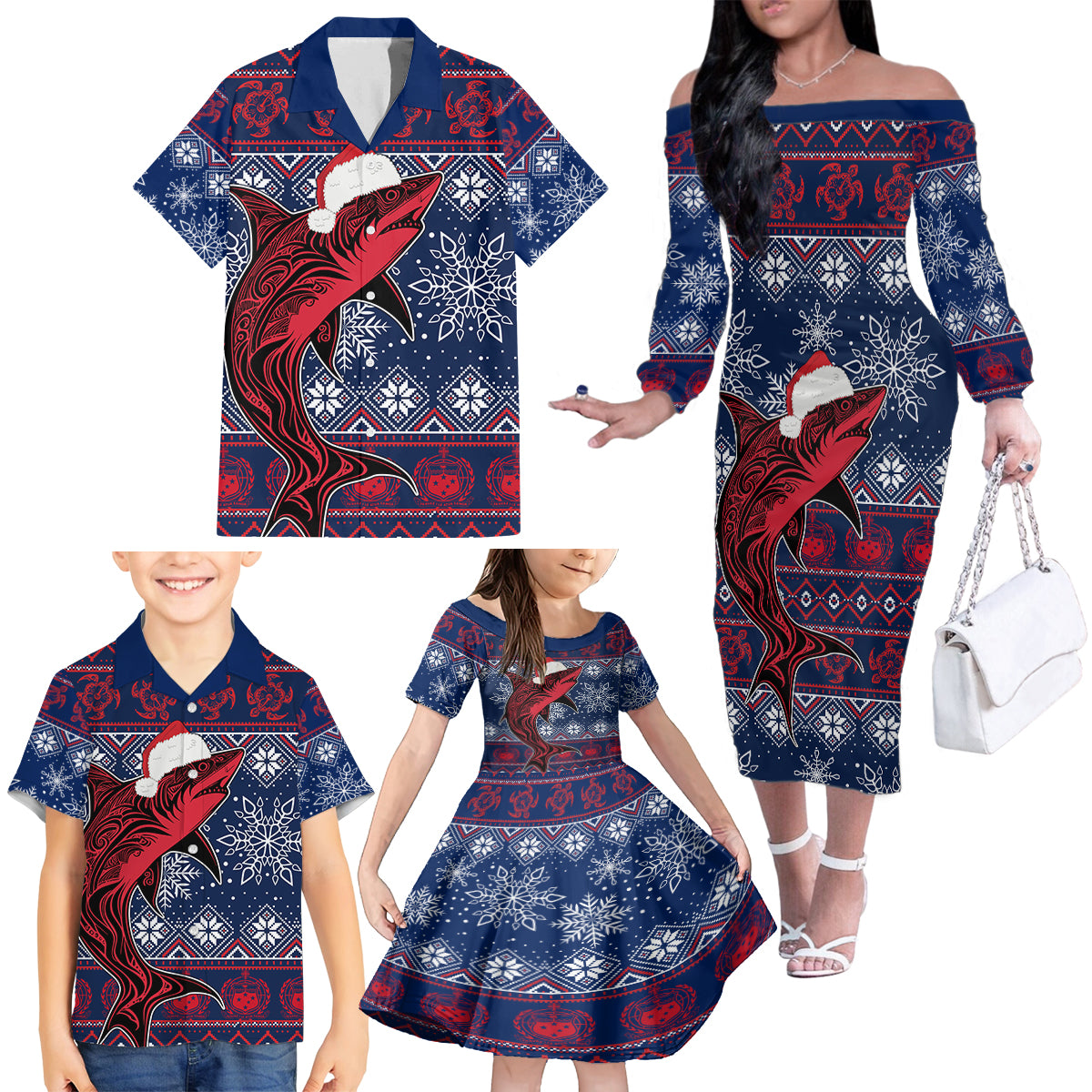Samoa Manuia Le Kirisimasi Family Matching Off Shoulder Long Sleeve Dress and Hawaiian Shirt Samoan Fishing Tribal Pattern Christmas Vibe LT9 - Polynesian Pride