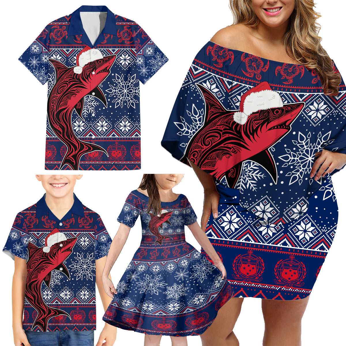 Samoa Manuia Le Kirisimasi Family Matching Off Shoulder Short Dress and Hawaiian Shirt Samoan Fishing Tribal Pattern Christmas Vibe LT9 - Polynesian Pride