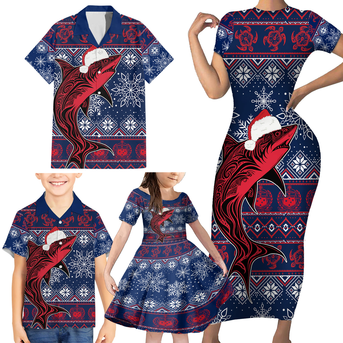 Samoa Manuia Le Kirisimasi Family Matching Short Sleeve Bodycon Dress and Hawaiian Shirt Samoan Fishing Tribal Pattern Christmas Vibe LT9 - Polynesian Pride