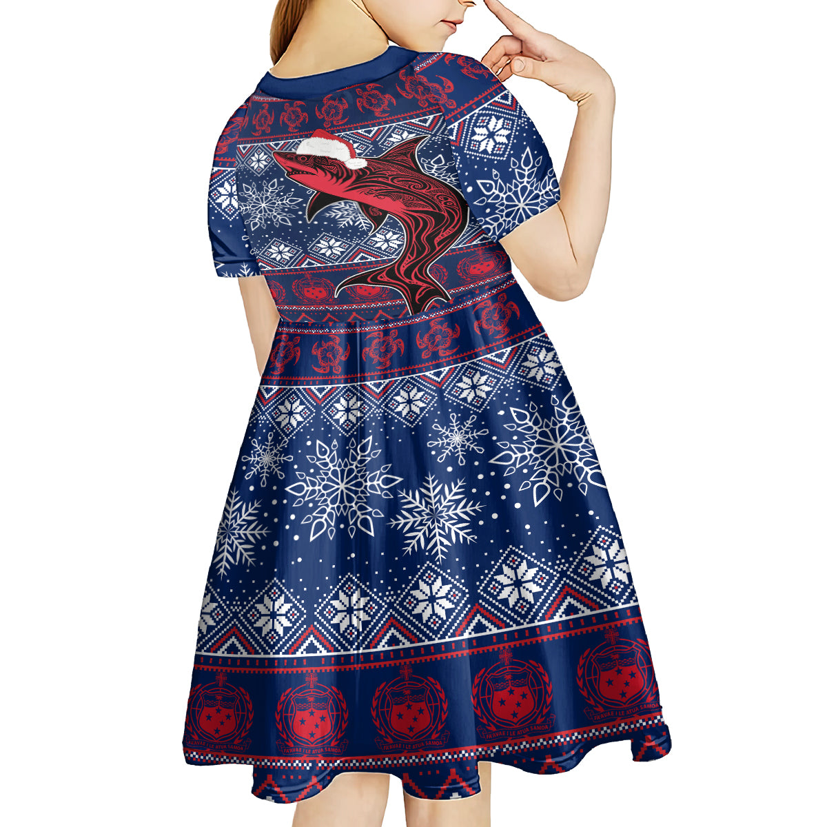 samoa-manuia-le-kirisimasi-kid-short-sleeve-dress-samoan-fishing-tribal-pattern-christmas-vibe