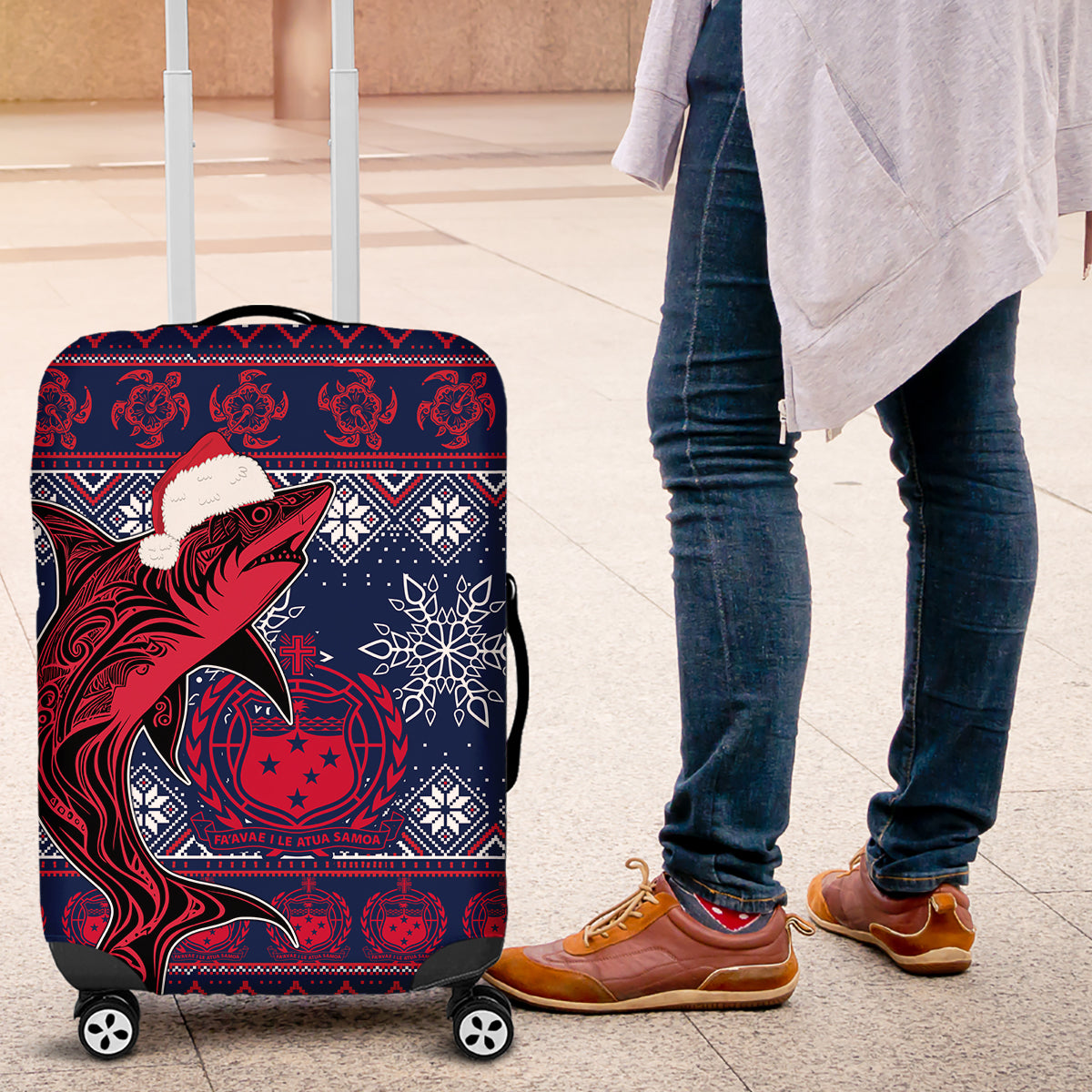 Samoa Manuia Le Kirisimasi Luggage Cover Samoan Fishing Tribal Pattern Christmas Vibe LT9 Red - Polynesian Pride