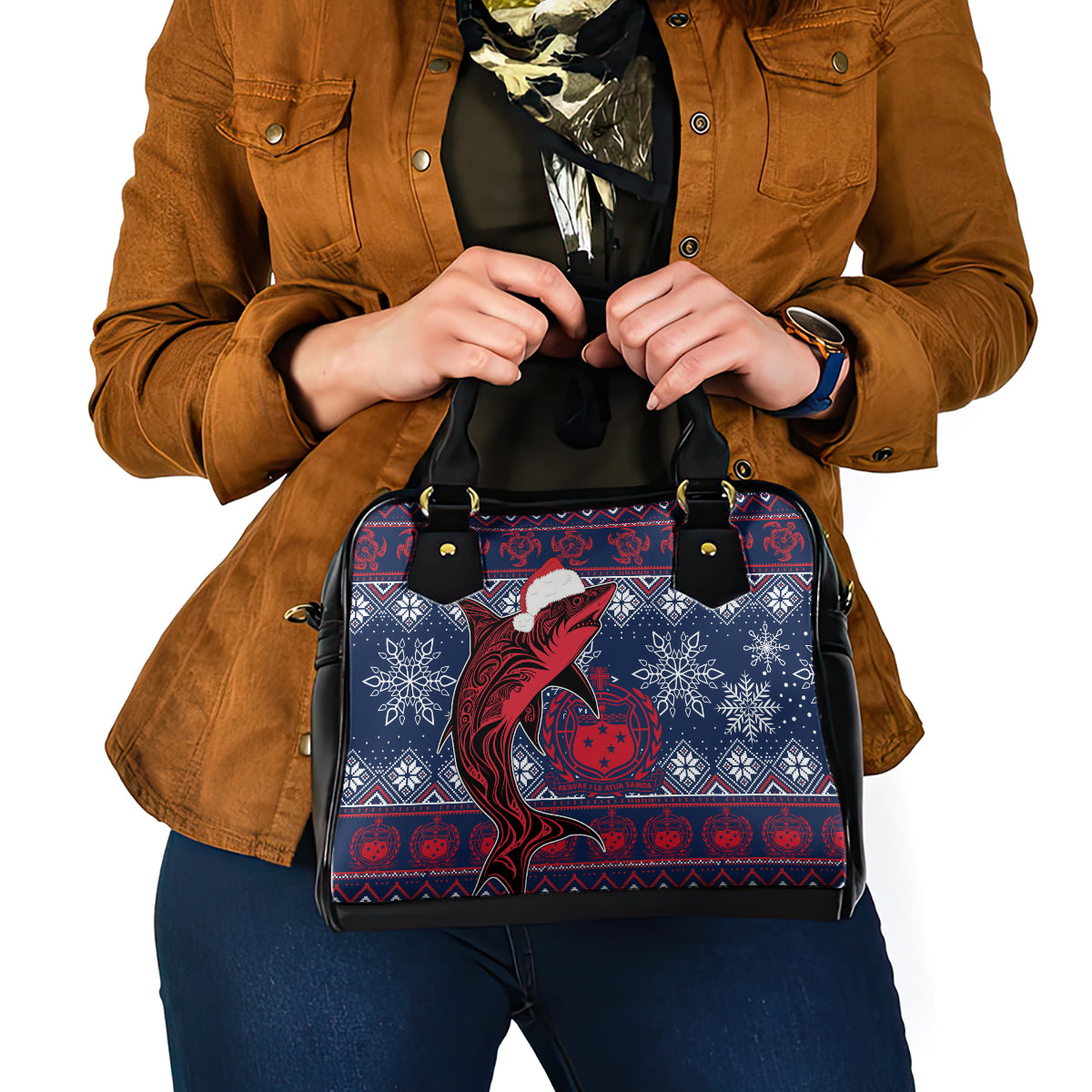 Samoa Manuia Le Kirisimasi Shoulder Handbag Samoan Fishing Tribal Pattern Christmas Vibe LT9 - Polynesian Pride