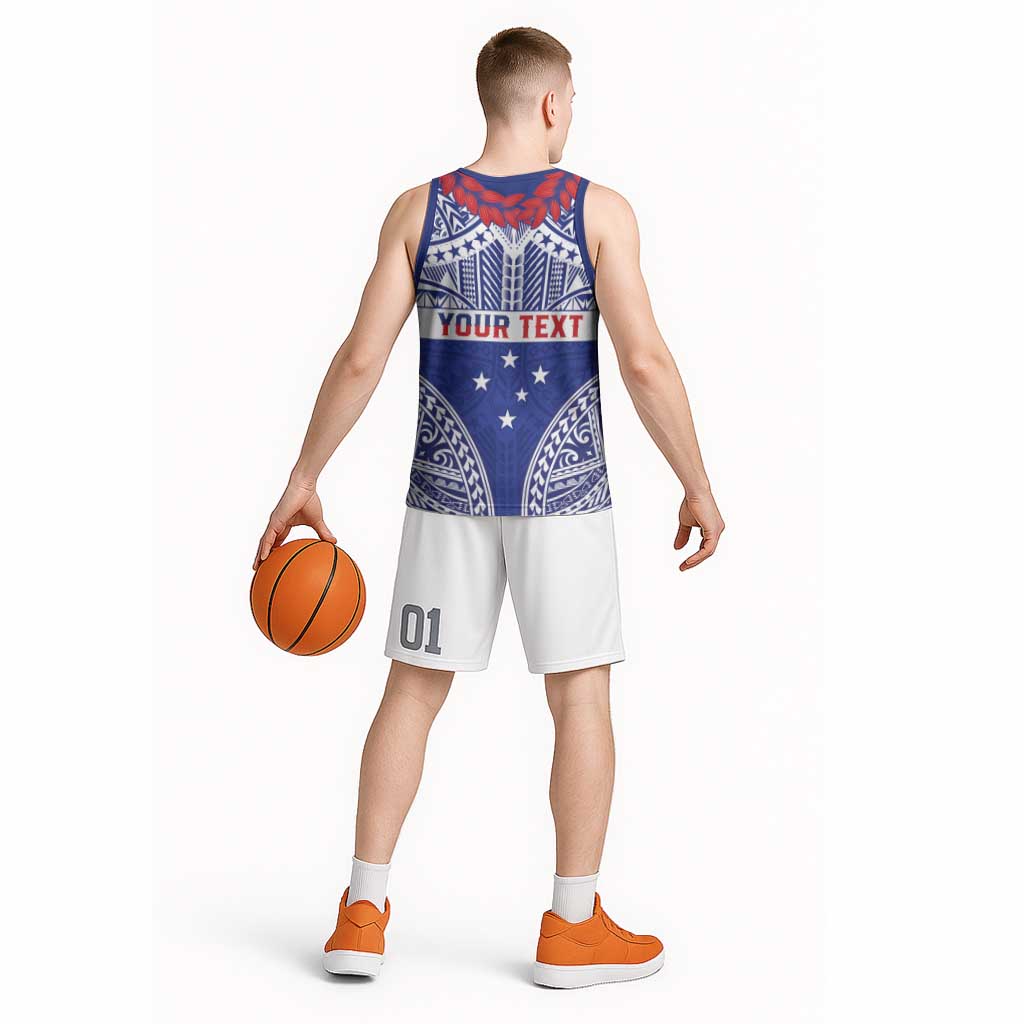 Personalised Toa Samoa Rugby Spirit Basketball Jersey Blue Samoan Tribal Pattern - Polynesian Pride
