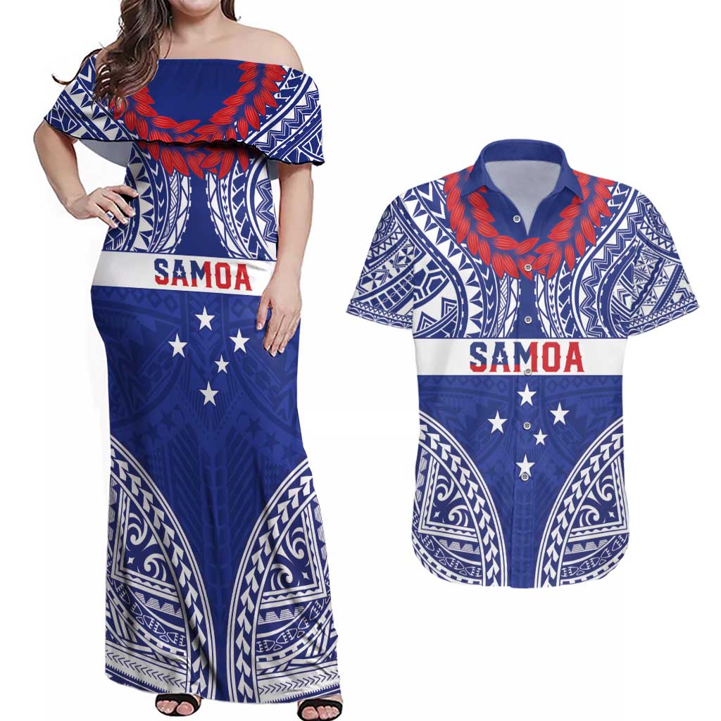 Personalised Toa Samoa Rugby Spirit Couples Matching Off Shoulder Maxi Dress and Hawaiian Shirt Blue Samoan Tribal Pattern - Polynesian Pride