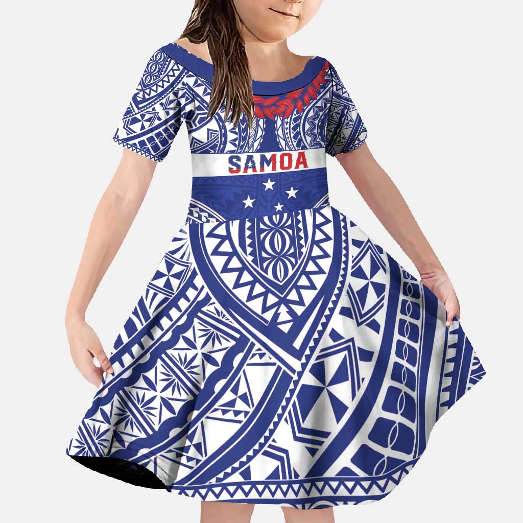 Personalised Toa Samoa Rugby Spirit Family Matching Long Sleeve Bodycon Dress and Hawaiian Shirt Blue Samoan Tribal Pattern LT9 Daughter's Dress Blue - Polynesian Pride