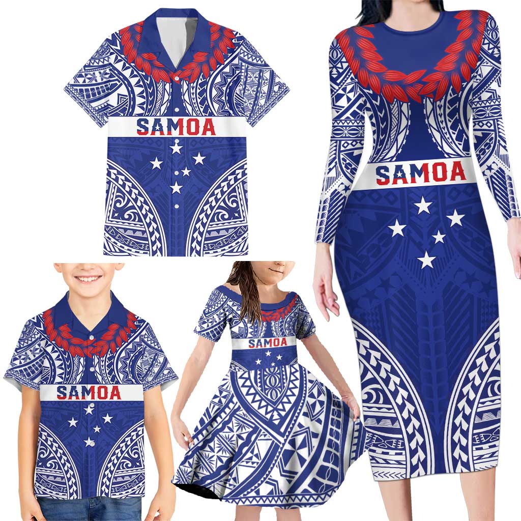 Personalised Toa Samoa Rugby Spirit Family Matching Long Sleeve Bodycon Dress and Hawaiian Shirt Blue Samoan Tribal Pattern LT9 - Polynesian Pride