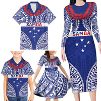 Personalised Toa Samoa Rugby Spirit Family Matching Long Sleeve Bodycon Dress and Hawaiian Shirt Blue Samoan Tribal Pattern LT9 - Polynesian Pride
