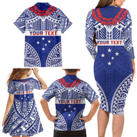 Personalised Toa Samoa Rugby Spirit Family Matching Long Sleeve Bodycon Dress and Hawaiian Shirt Blue Samoan Tribal Pattern LT9 - Polynesian Pride