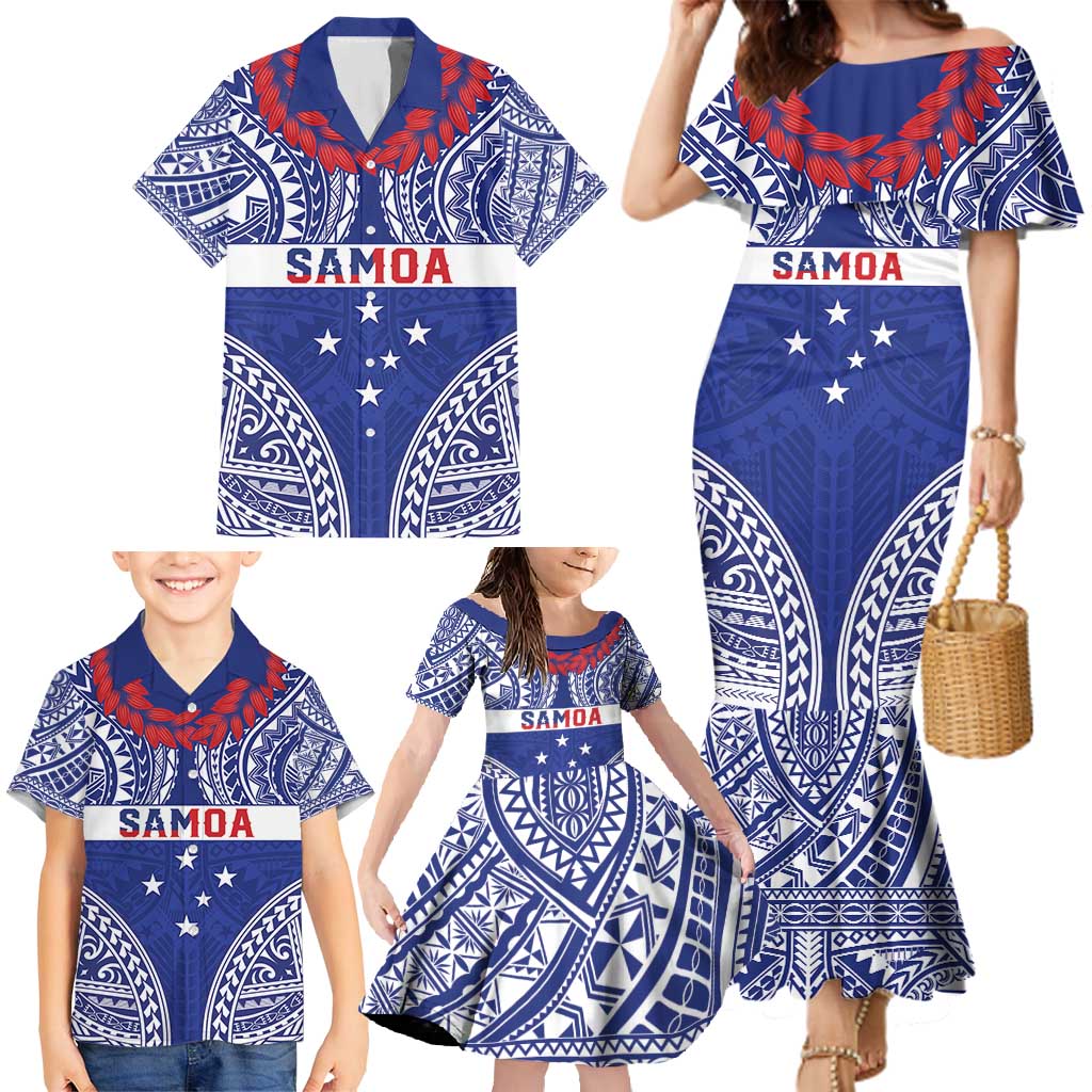 Personalised Toa Samoa Rugby Spirit Family Matching Mermaid Dress and Hawaiian Shirt Blue Samoan Tribal Pattern LT9 - Polynesian Pride