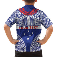 Personalised Toa Samoa Rugby Spirit Family Matching Off The Shoulder Long Sleeve Dress and Hawaiian Shirt Blue Samoan Tribal Pattern LT9 - Polynesian Pride