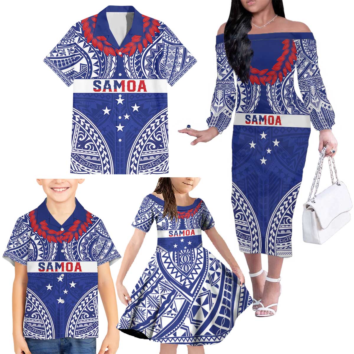 Personalised Toa Samoa Rugby Spirit Family Matching Off The Shoulder Long Sleeve Dress and Hawaiian Shirt Blue Samoan Tribal Pattern LT9 - Polynesian Pride