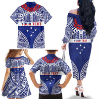 Personalised Toa Samoa Rugby Spirit Family Matching Off The Shoulder Long Sleeve Dress and Hawaiian Shirt Blue Samoan Tribal Pattern LT9 - Polynesian Pride