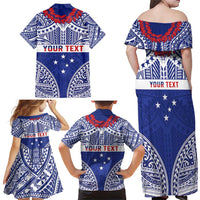 Personalised Toa Samoa Rugby Spirit Family Matching Off Shoulder Maxi Dress and Hawaiian Shirt Blue Samoan Tribal Pattern - Polynesian Pride
