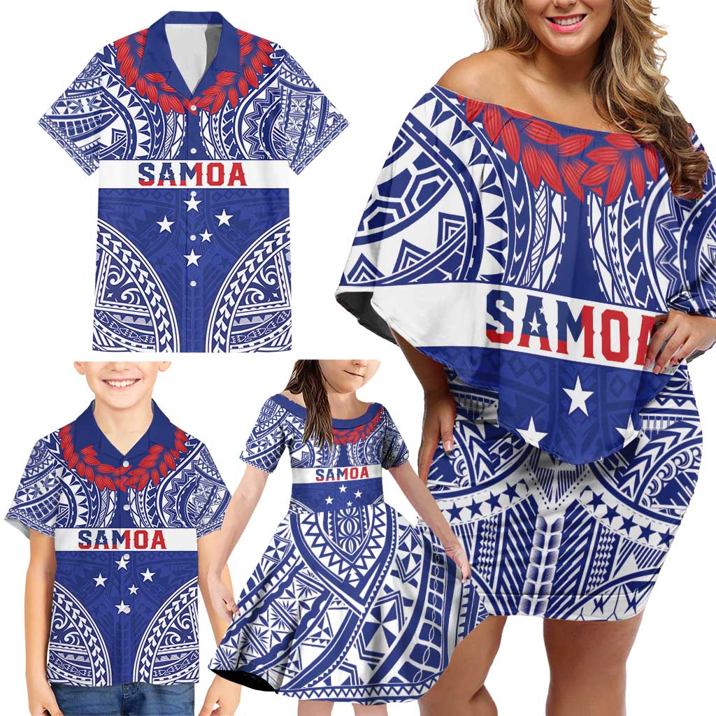 Personalised Toa Samoa Rugby Spirit Family Matching Off Shoulder Short Dress and Hawaiian Shirt Blue Samoan Tribal Pattern LT9 - Polynesian Pride