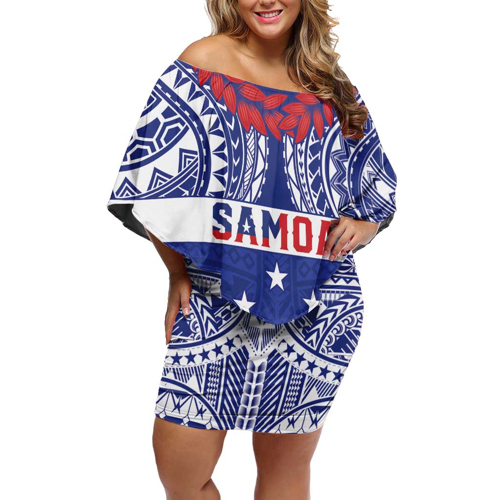Personalised Toa Samoa Rugby Spirit Family Matching Off Shoulder Short Dress and Hawaiian Shirt Blue Samoan Tribal Pattern LT9 Mom's Dress Blue - Polynesian Pride