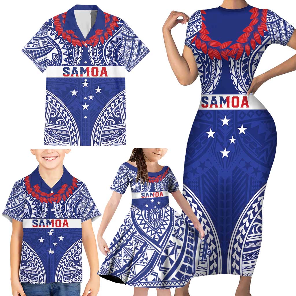 Personalised Toa Samoa Rugby Spirit Family Matching Short Sleeve Bodycon Dress and Hawaiian Shirt Blue Samoan Tribal Pattern LT9 - Polynesian Pride