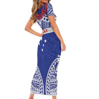 Personalised Toa Samoa Rugby Spirit Family Matching Short Sleeve Bodycon Dress and Hawaiian Shirt Blue Samoan Tribal Pattern LT9 - Polynesian Pride