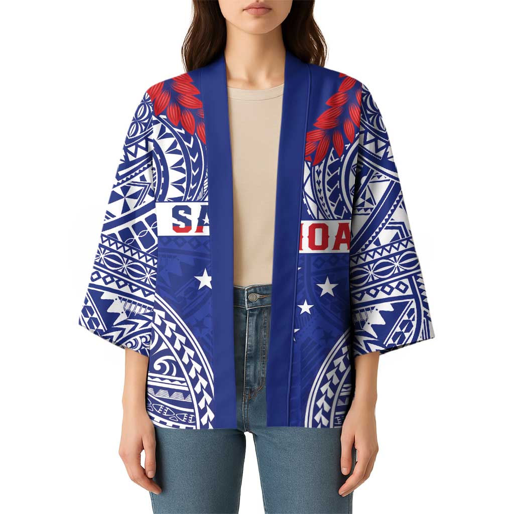 Personalised Toa Samoa Rugby Spirit Kimono Blue Samoan Tribal Pattern - Polynesian Pride