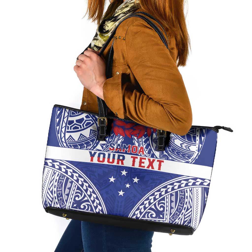 Personalised Toa Samoa Rugby Spirit Leather Tote Bag Blue Samoan Tribal Pattern - Polynesian Pride