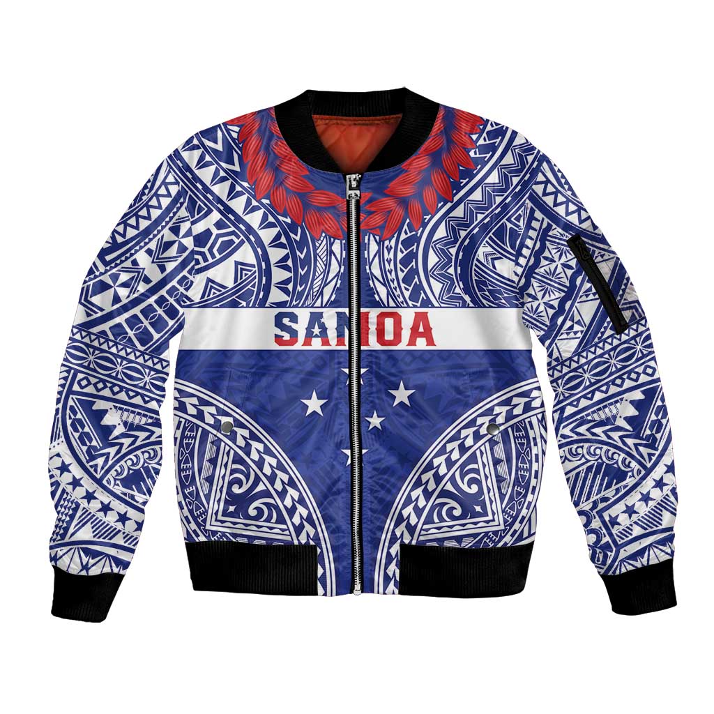 Personalised Toa Samoa Rugby Spirit Sleeve Zip Bomber Jacket Blue Samoan Tribal Pattern - Polynesian Pride