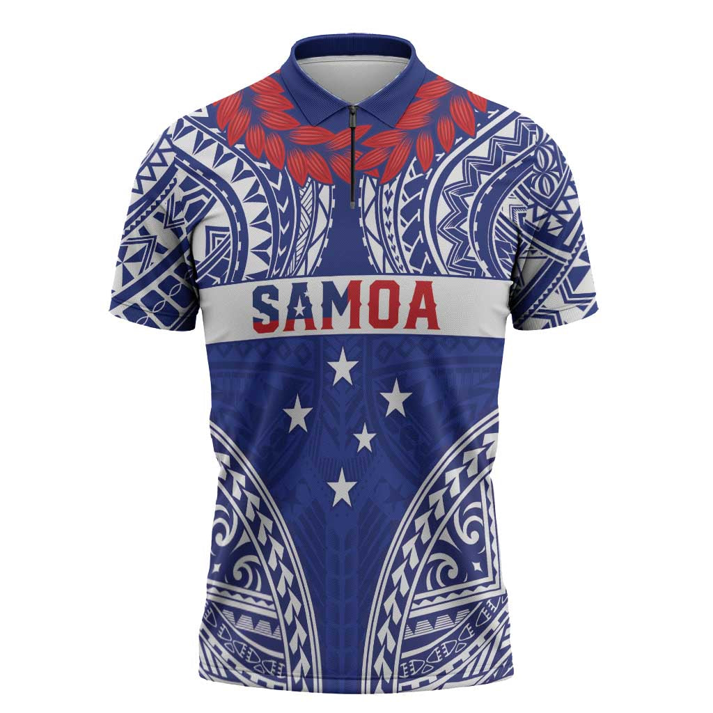 Personalised Toa Samoa Rugby Spirit Zipper Polo Shirt Blue Samoan Tribal Pattern - Polynesian Pride