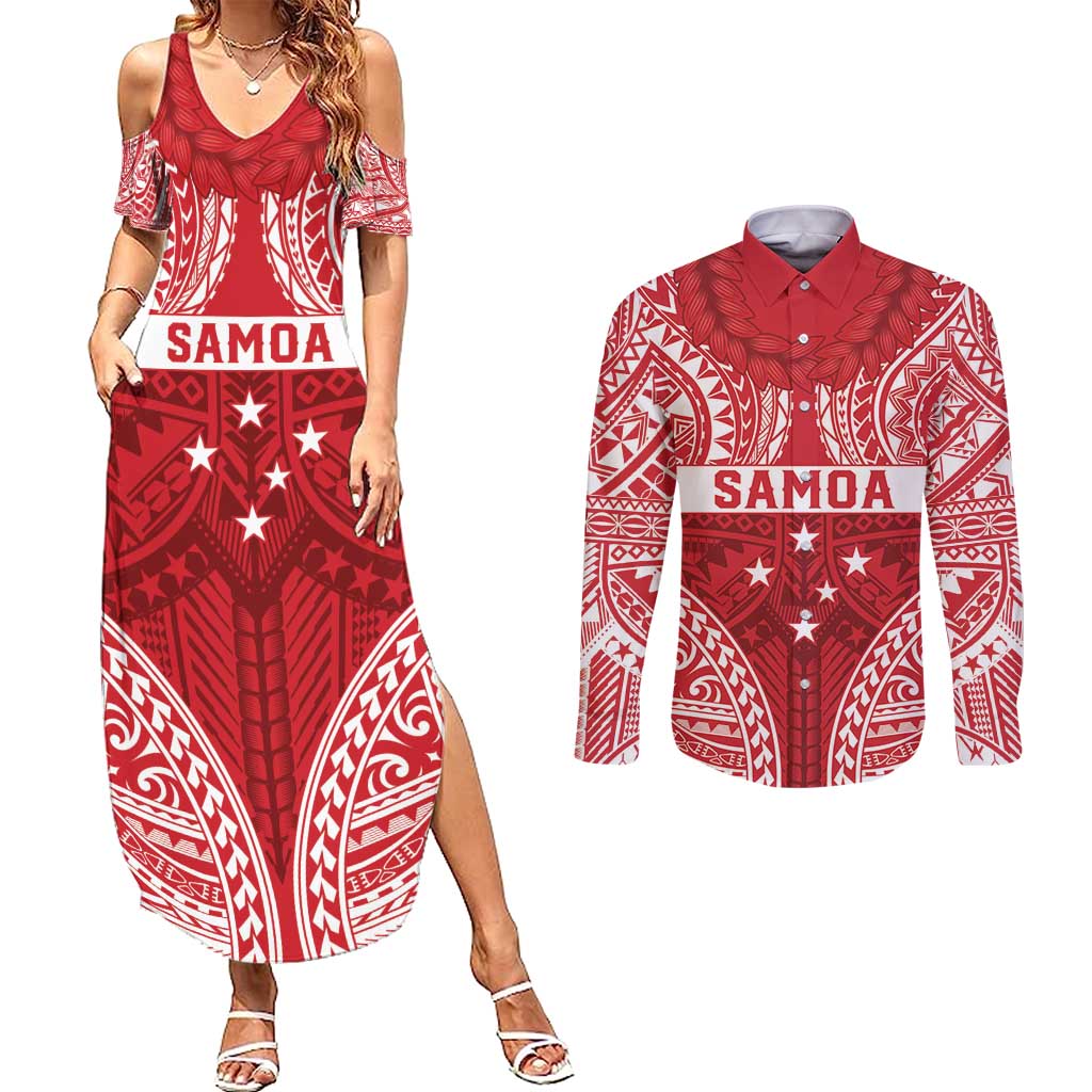 Personalised Toa Samoa Rugby Spirit Couples Matching Summer Maxi Dress and Long Sleeve Button Shirt Red Samoan Tribal Pattern - Polynesian Pride
