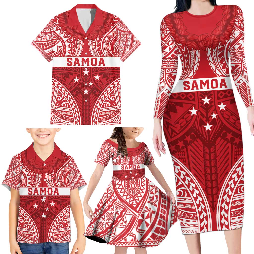 Personalised Toa Samoa Rugby Spirit Family Matching Long Sleeve Bodycon Dress and Hawaiian Shirt Red Samoan Tribal Pattern LT9 - Polynesian Pride