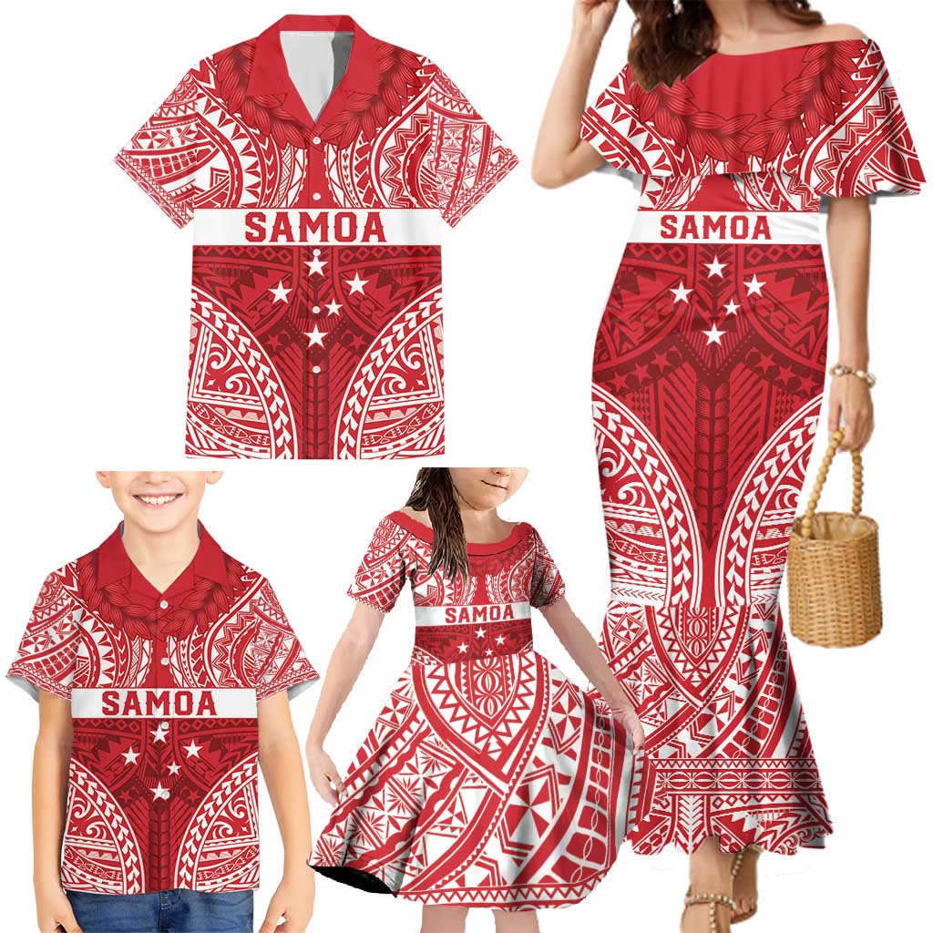 Personalised Toa Samoa Rugby Spirit Family Matching Mermaid Dress and Hawaiian Shirt Red Samoan Tribal Pattern LT9 - Polynesian Pride