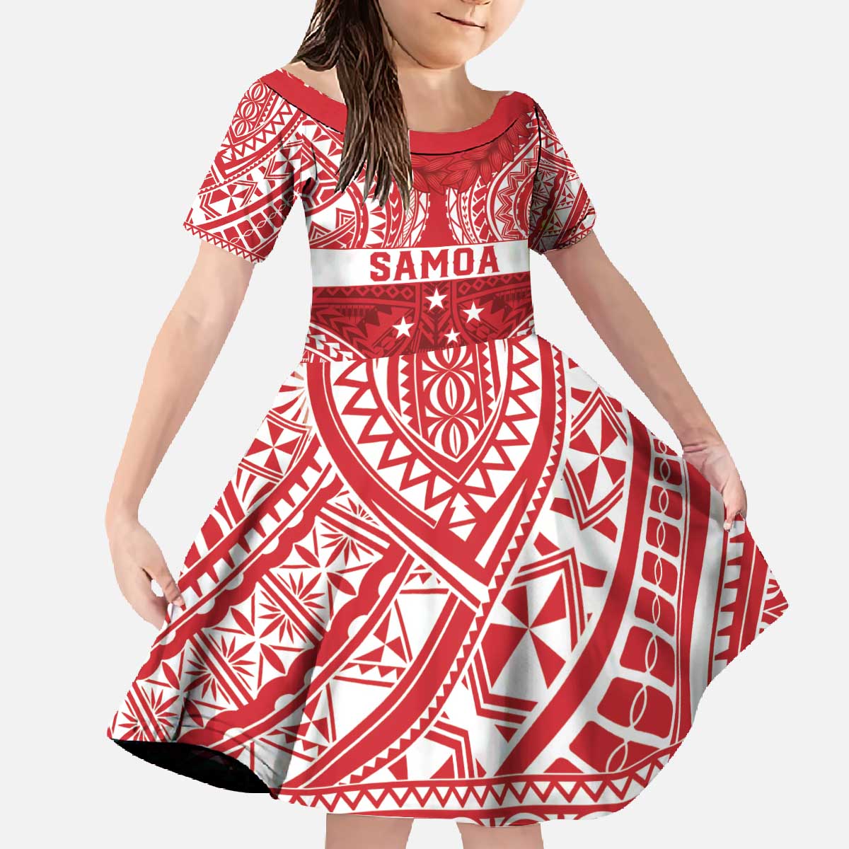 Personalised Toa Samoa Rugby Spirit Family Matching Off The Shoulder Long Sleeve Dress and Hawaiian Shirt Red Samoan Tribal Pattern LT9 Daughter's Dress Red - Polynesian Pride