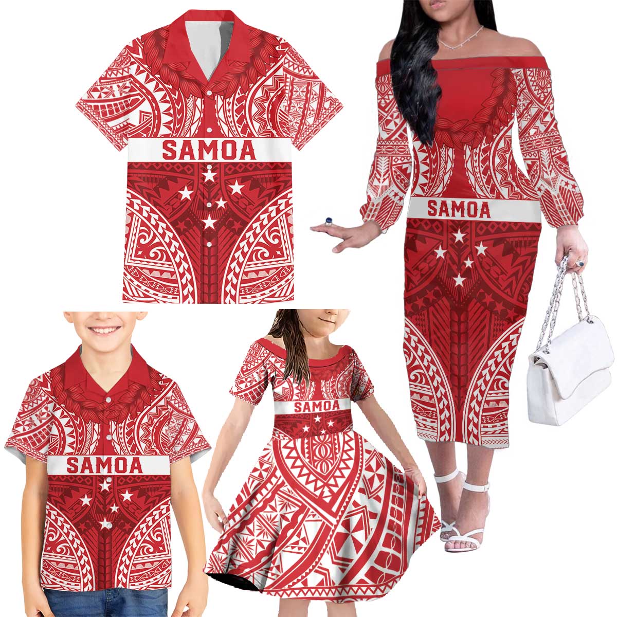 Personalised Toa Samoa Rugby Spirit Family Matching Off The Shoulder Long Sleeve Dress and Hawaiian Shirt Red Samoan Tribal Pattern LT9 - Polynesian Pride