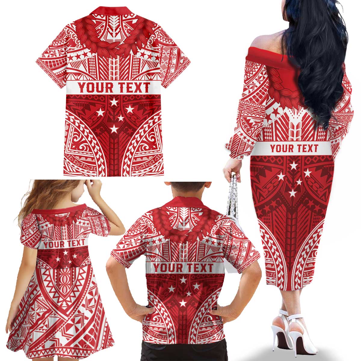 Personalised Toa Samoa Rugby Spirit Family Matching Off The Shoulder Long Sleeve Dress and Hawaiian Shirt Red Samoan Tribal Pattern LT9 - Polynesian Pride